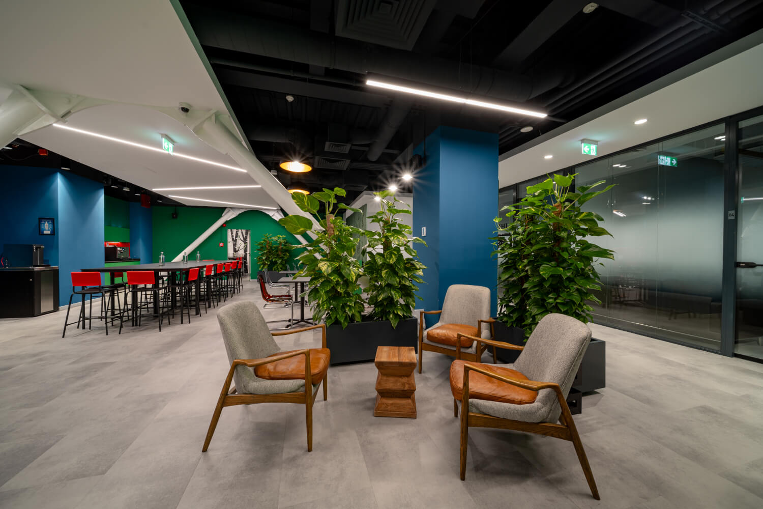 Cafe and breakout area with plants